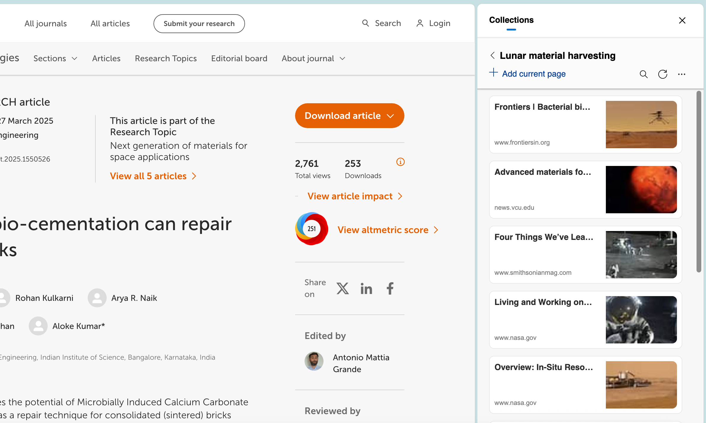 Controls visible for Collections in Edge browser. 