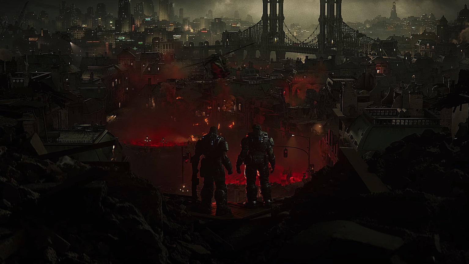 alt=A cityscape of Sera from Gears of War: E-Day, showing the destruction caused by the Locust emergence