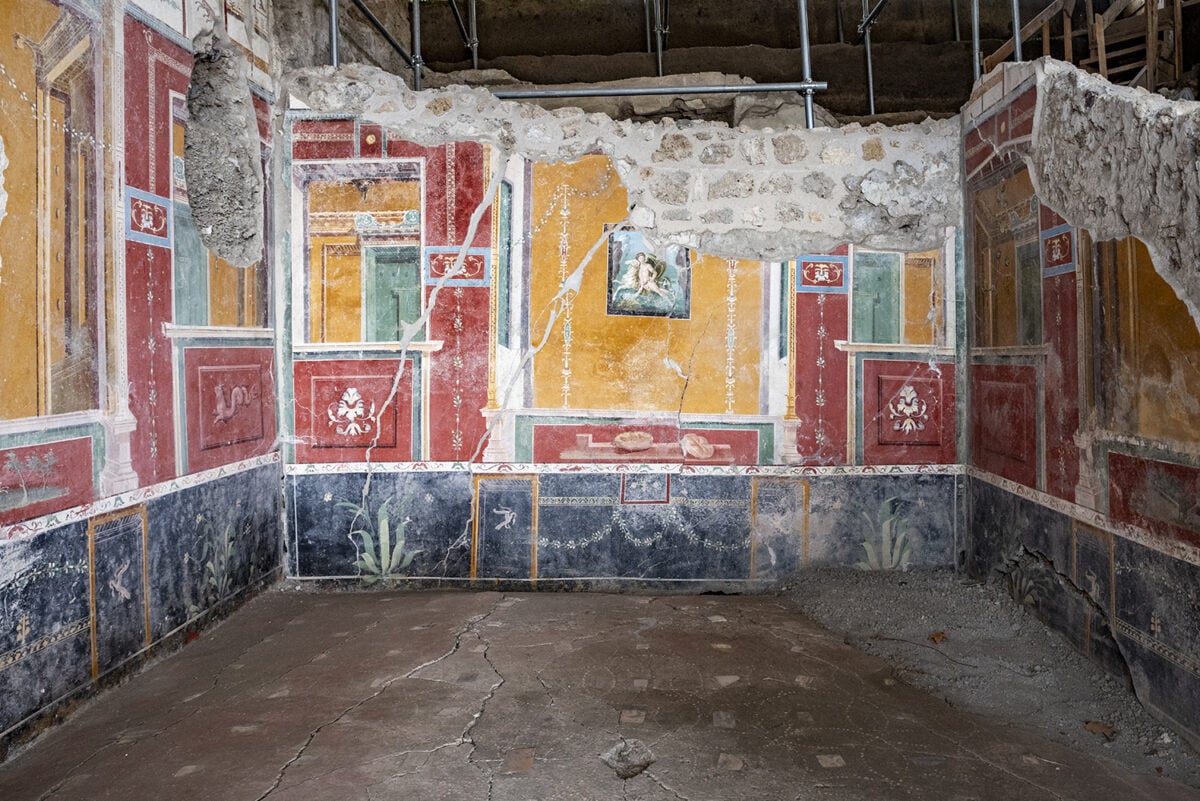 The triclinium, or dining room, featuring the fresco of Elle and Frisso.