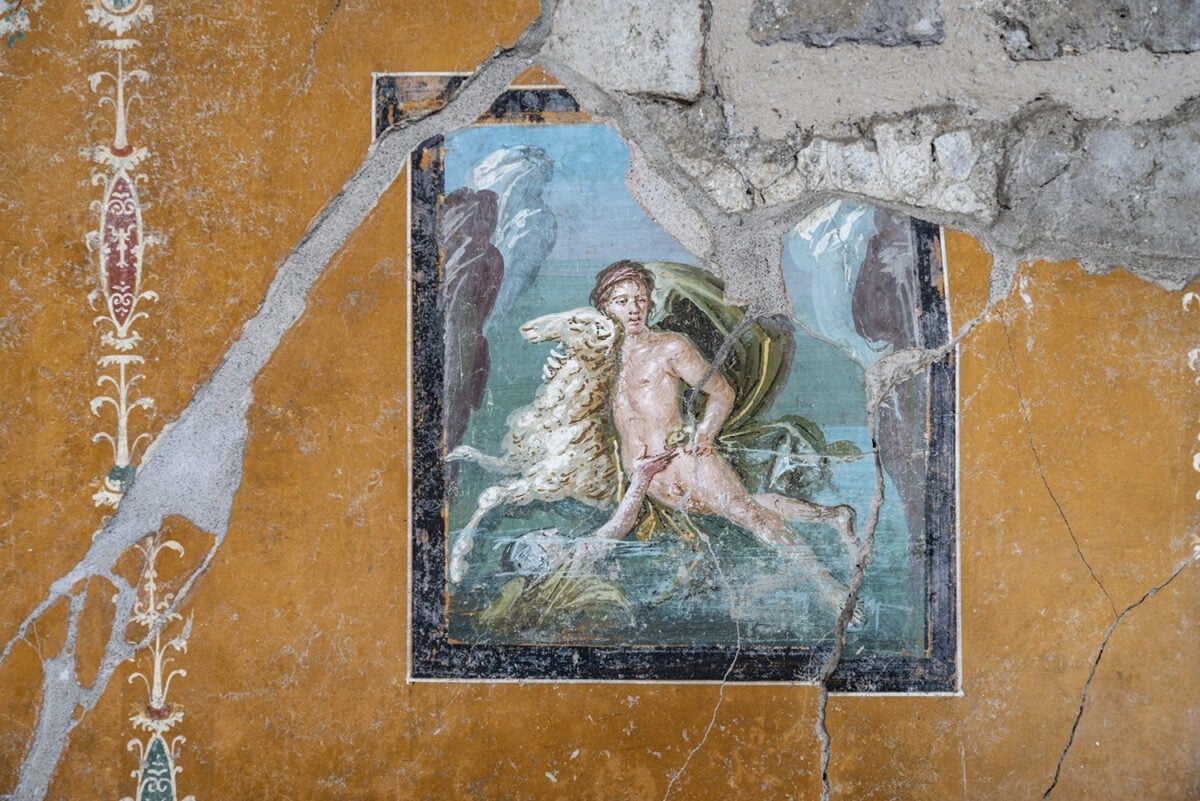 Close-up of the fresco depicting the myth of Elle and Frisso.
