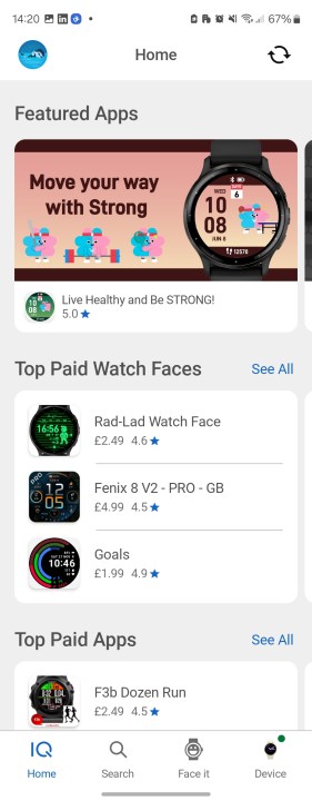 The home page in Connect IQ.