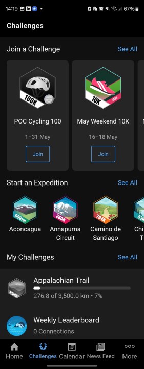 The Challenges page in Garmin Connect.