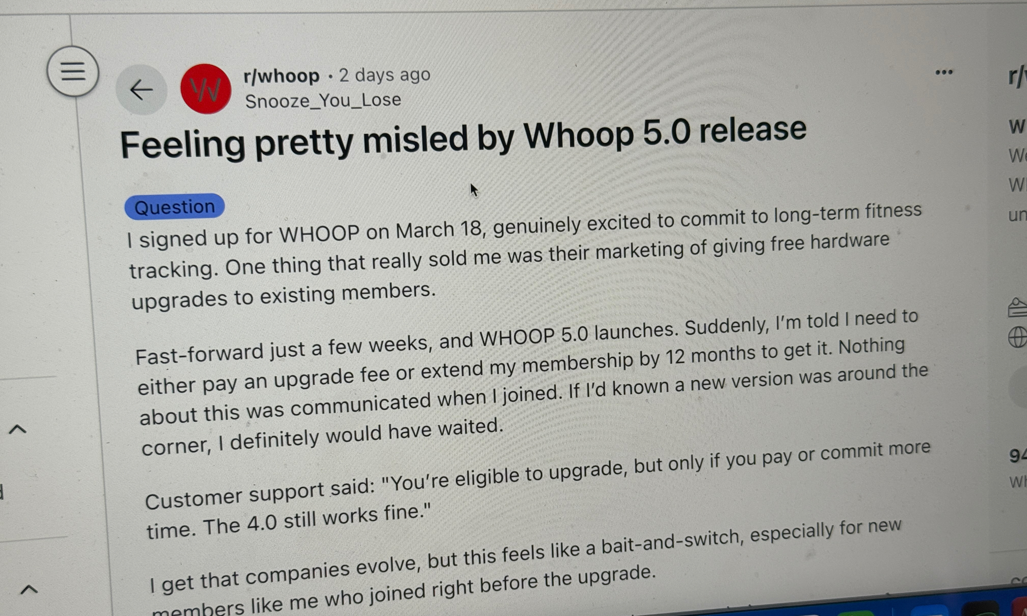 Reddit post about Whoop upgrade policy.