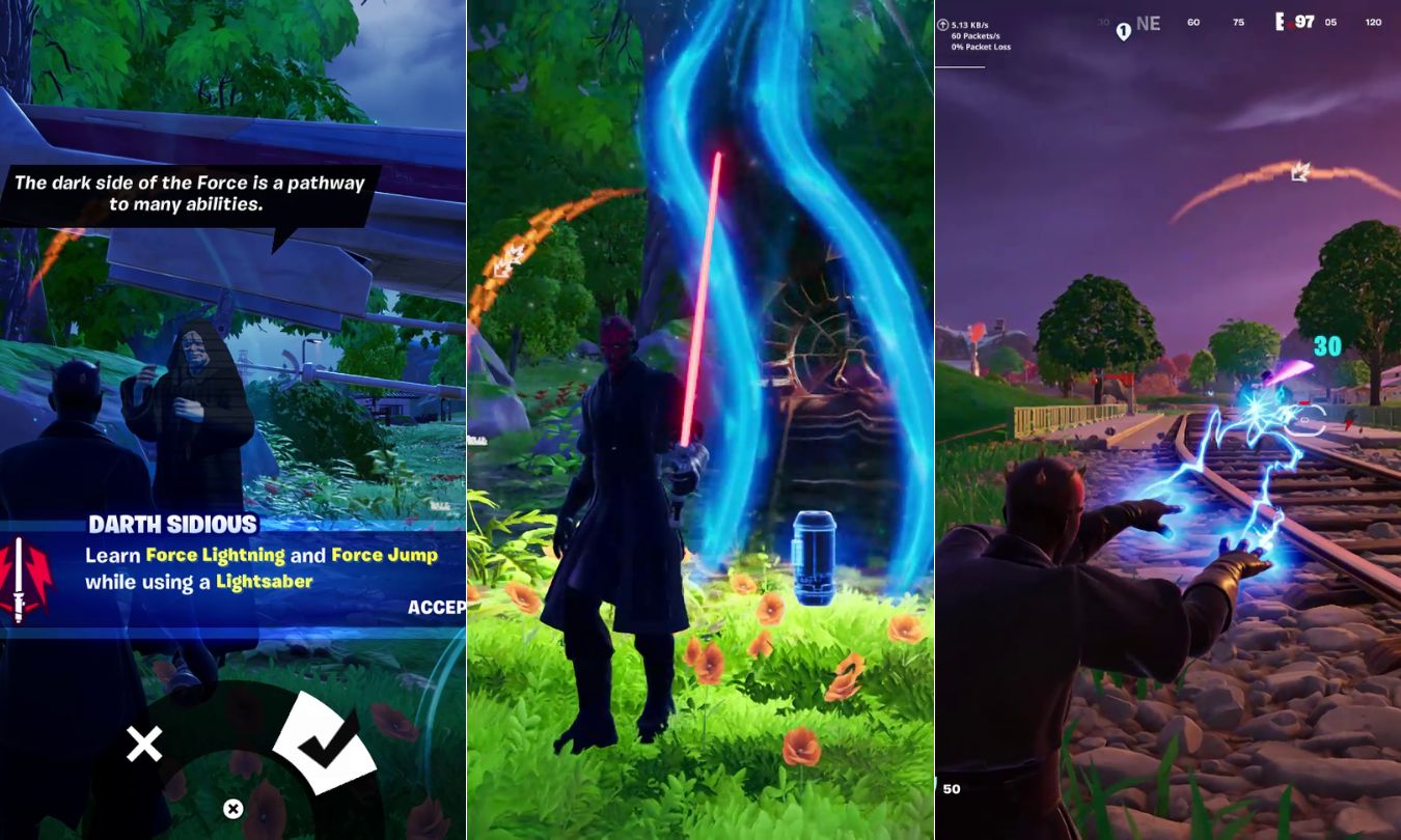 alt text: Fortnite players engaging in lightsaber duels amidst futuristic portals.