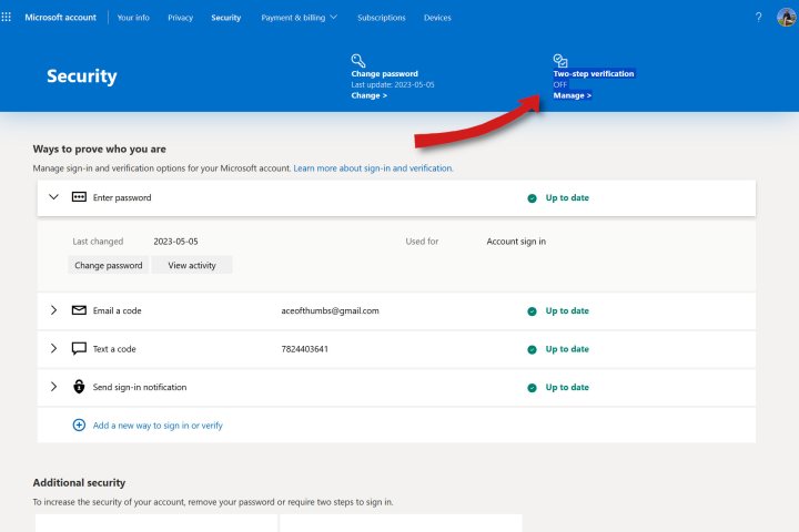 This Microsoft account has two-step verification disabled.
