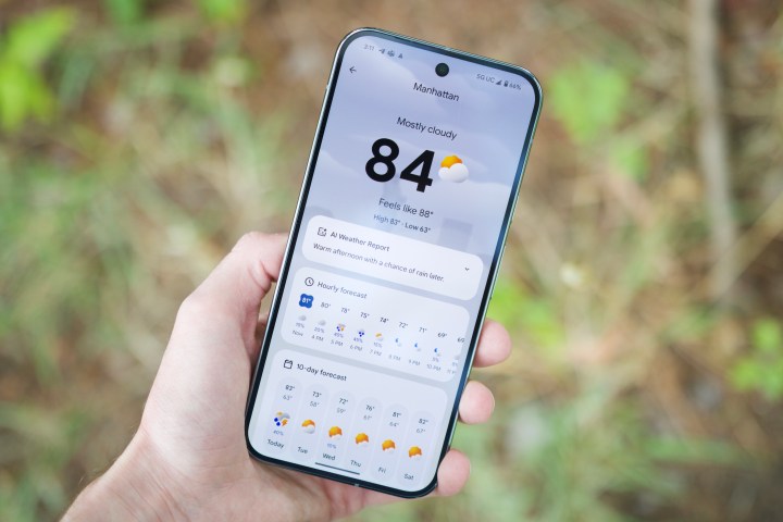 The Pixel Weather app displayed on the Google Pixel 9 Pro XL.