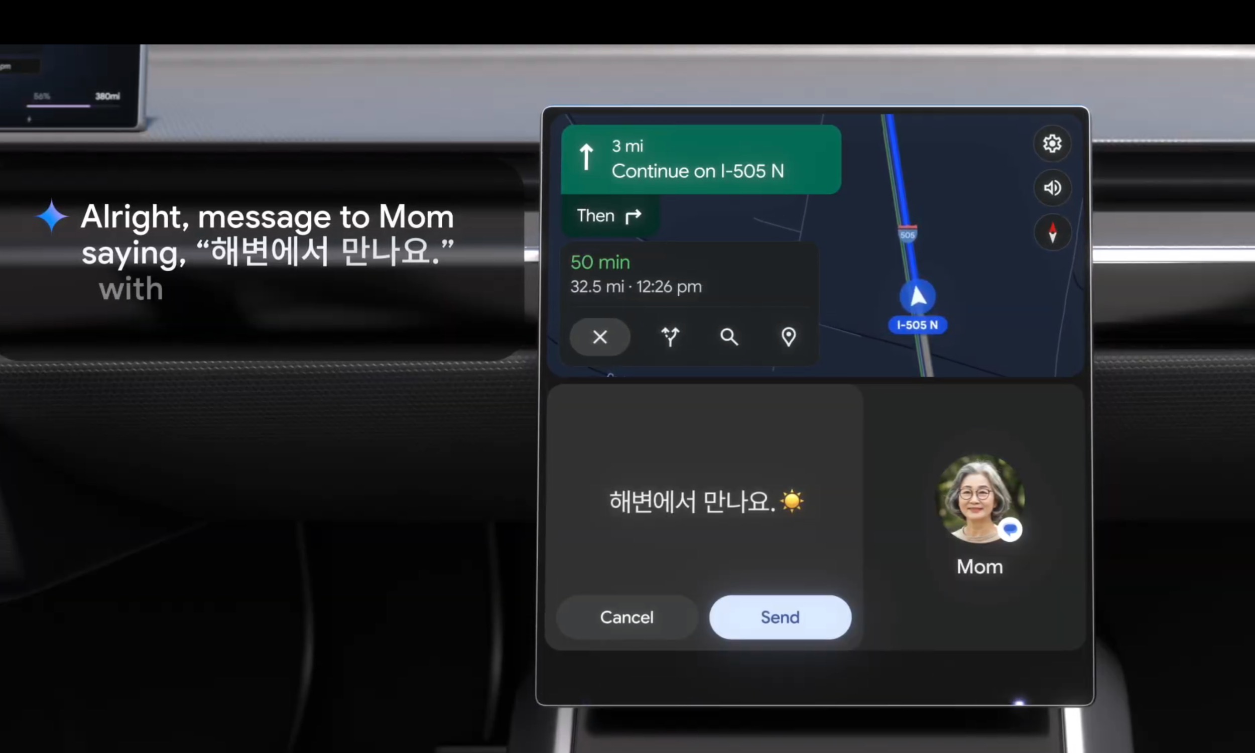 Google Gemini AI on an Android Auto screen.