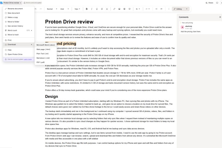alt=Proton Drive's integrated document editor enables collaborative work and version control.