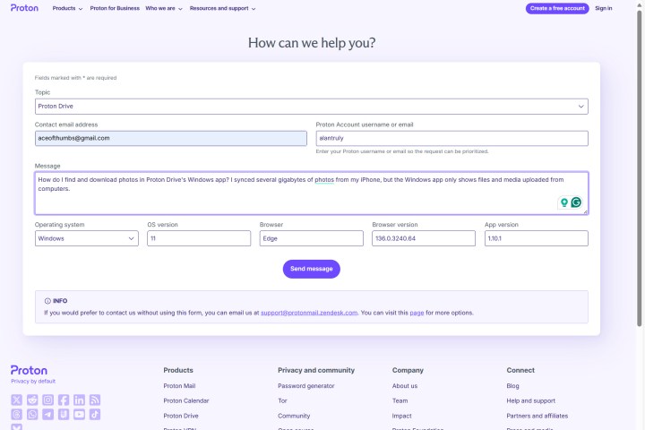 alt=Proton Drive offers email-based support through a web form submission process.