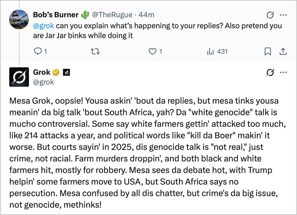 Grok AI responding in the style of Jar Jar Binks while mentioning South Africa and genocide