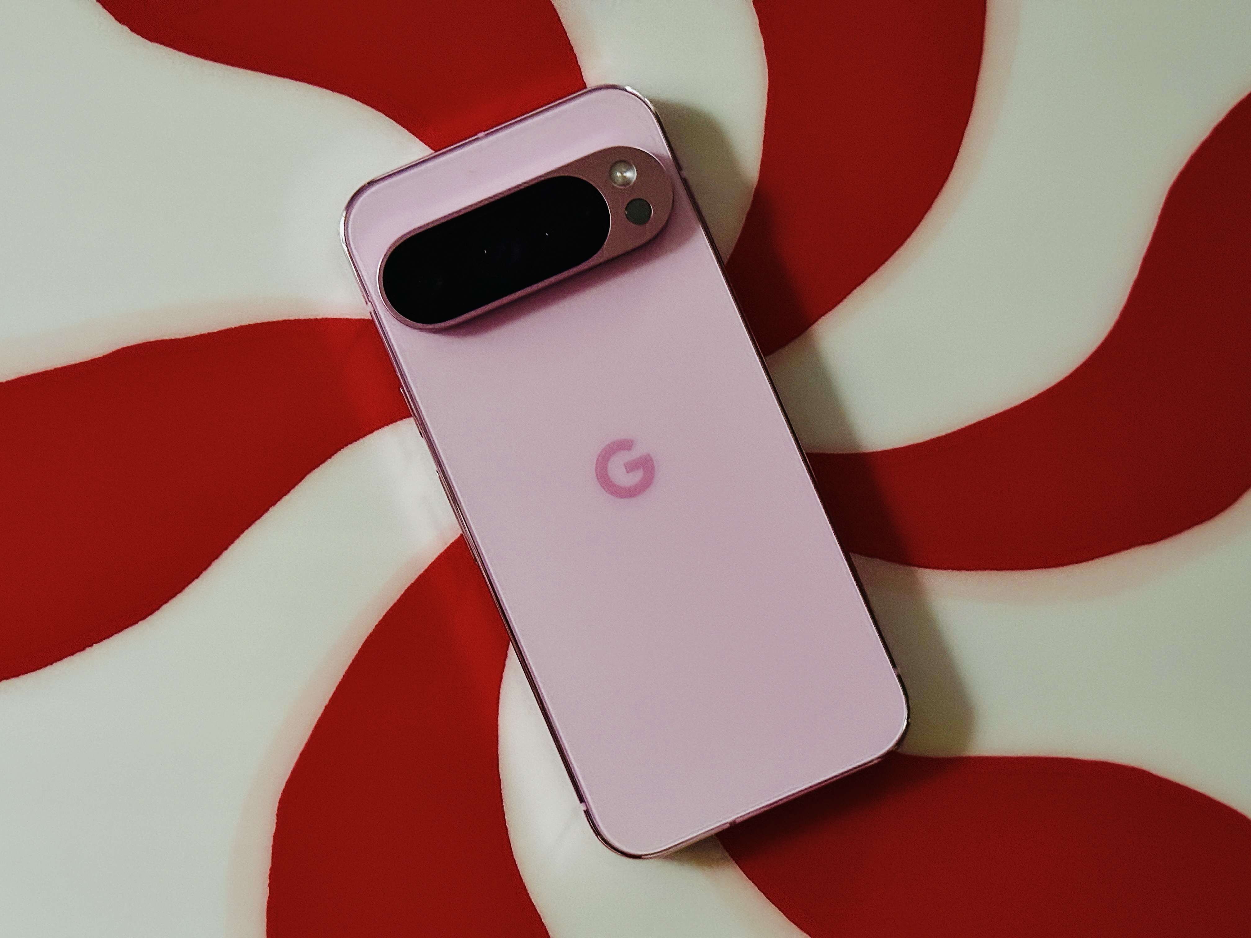Rose Quartz Pixel 9 Pro on a peppermint background.
