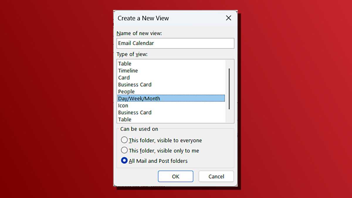 alt:  Setting up the Email Calendar view in Outlook involves creating a new view in the Manage Views settings.