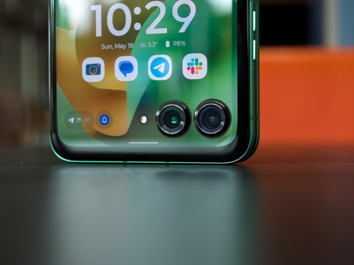 alt: Close-up view of the rear cameras on the partially open Motorola Razr 2025.