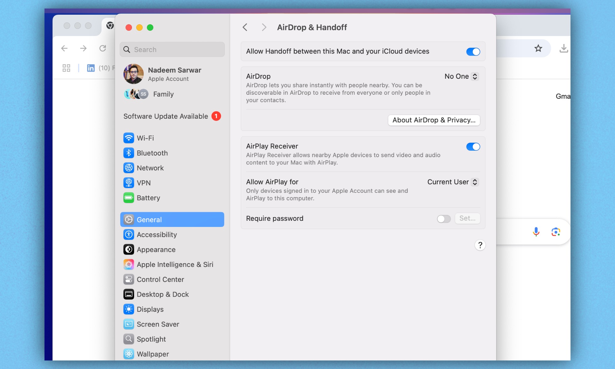 Adjusting AirPlay Receiver settings on a Mac, including the toggle switch and user access permissions to prevent unauthorized AirPlay connections.