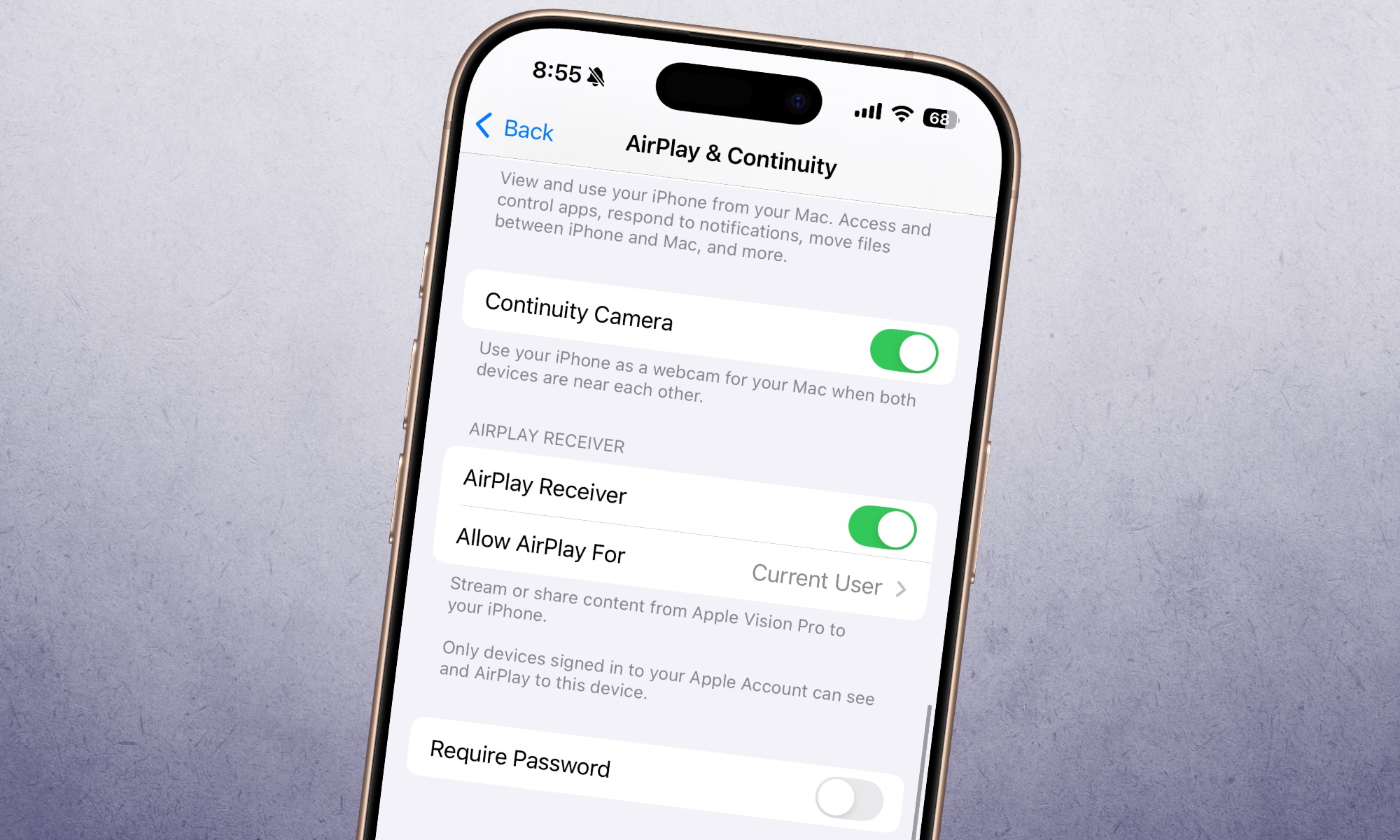 iPhone settings for AirPlay & Handoff, showcasing options to manage automatic AirPlay, HomePod transfers, and the AirPlay Receiver function for improved device security.