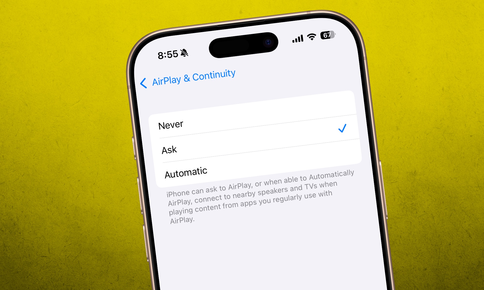 macOS System Settings dialog for AirPlay, showing options to control access and require a password to enhance AirPlay security.