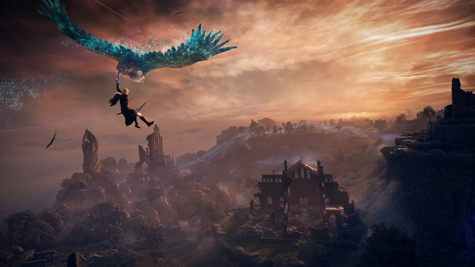 A knightly figure in Elden Ring Nightreign clings to a massive, luminous eagle soaring through a mystical sky, showcasing the game's fantastical elements.