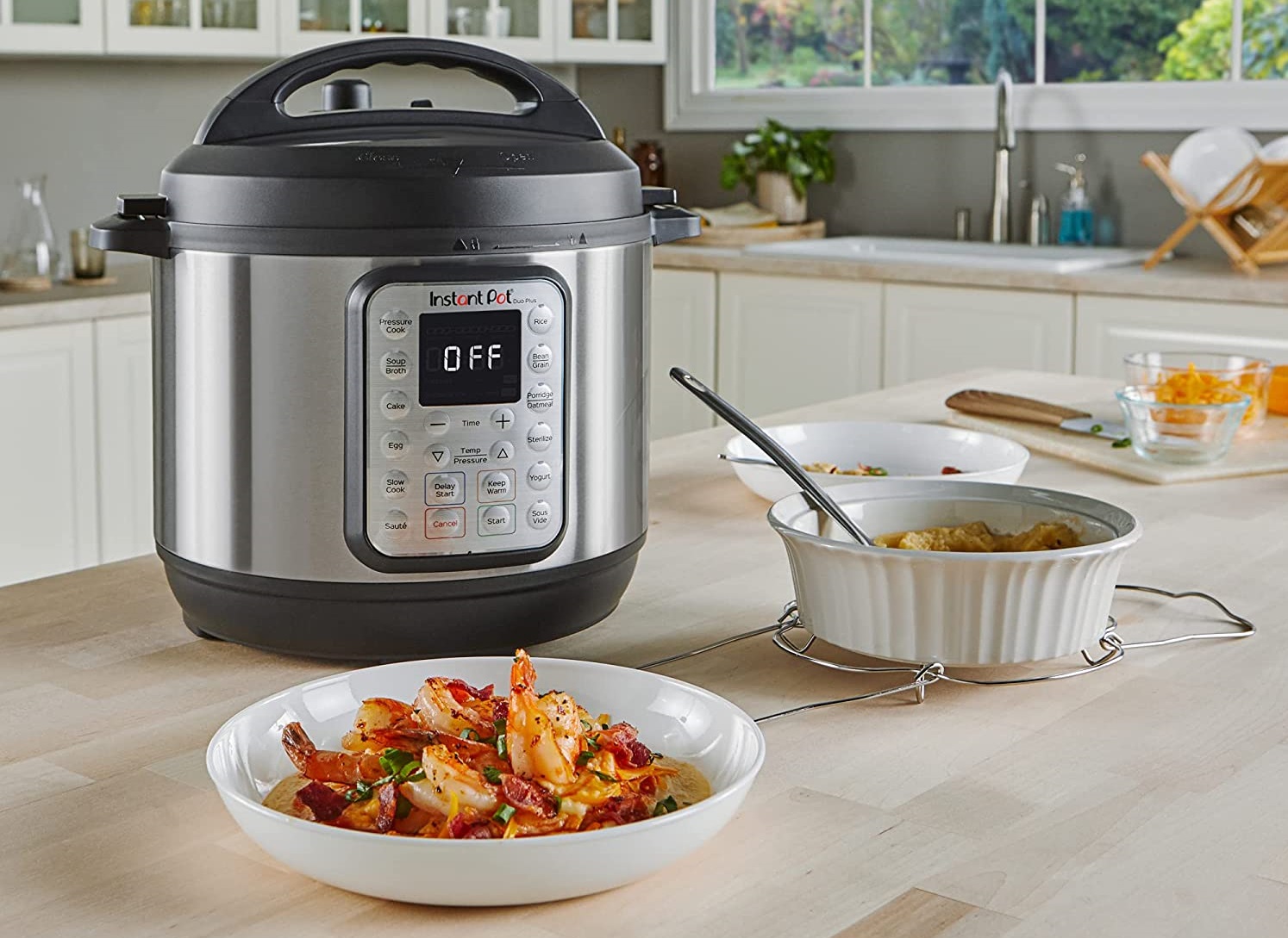 Instant Pot Duo Plus 9-in-1 multi-cooker on a kitchen counter