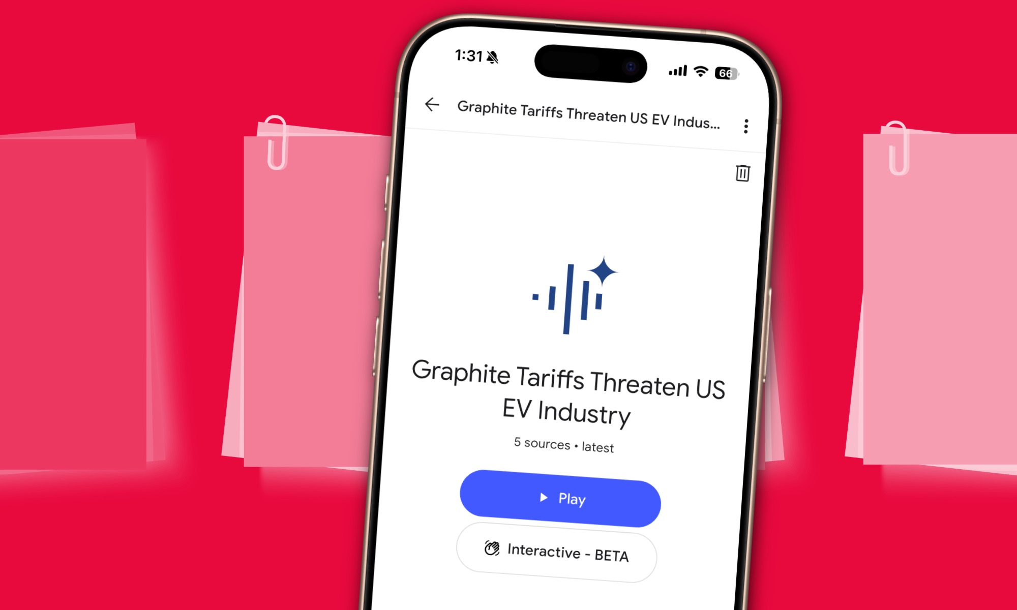 The Google NotebookLM app interface on an iPhone showcasing the AI podcast generation feature, turning source materials into an audio discussion.