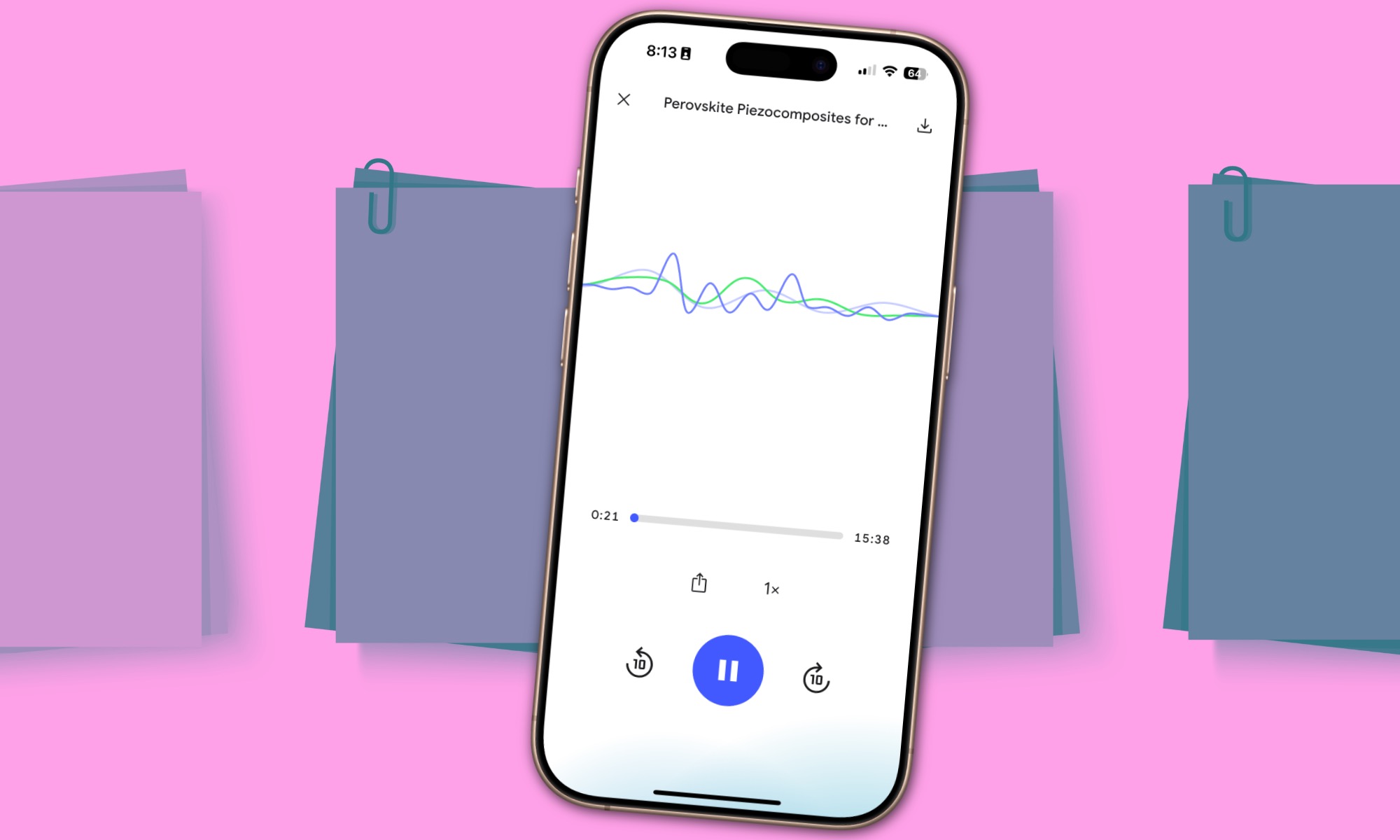 Listening to an AI-generated podcast within the NotebookLM app on an iPhone, with on-screen controls and text related to the discussion.