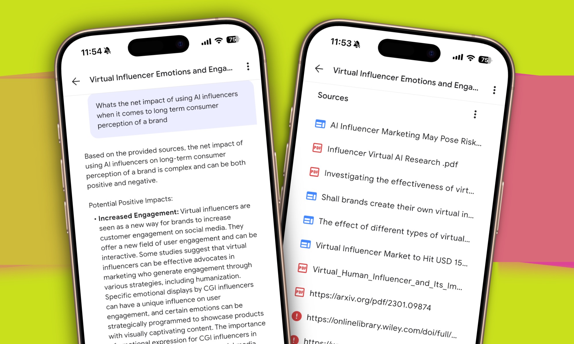 Interacting with the Google NotebookLM app on an iPhone, asking a specific question based on uploaded research papers to test its AI Q&A feature.