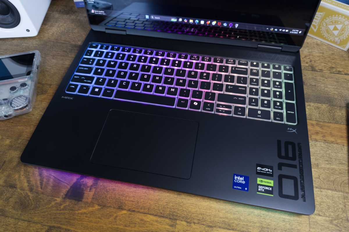 Close-up of the HP Omen Max 16 keyboard with RGB backlighting activated, highlighting the keycap design.