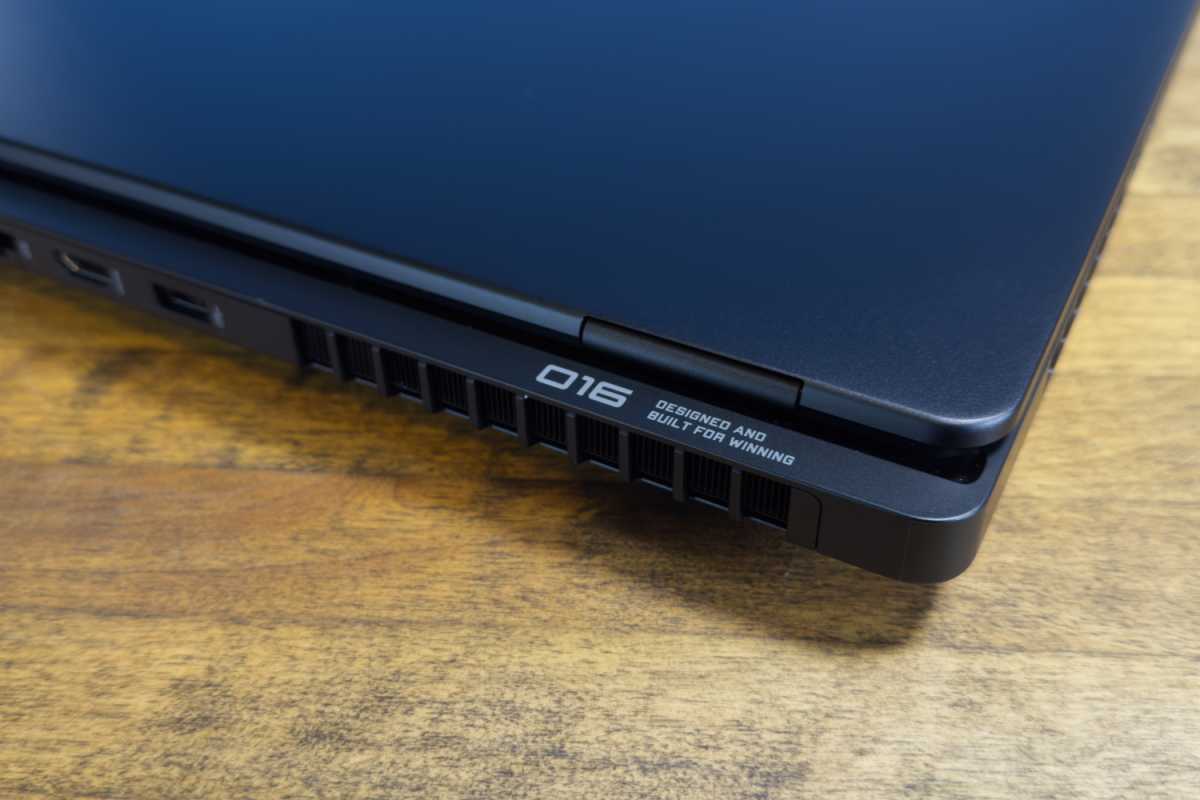 Rear view of the HP Omen Max 16, showing connectivity ports including HDMI, USB-A, and Ethernet.