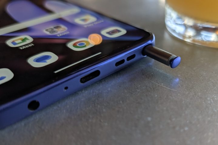 Bottom edge of the Moto G Stylus 2025 showcasing the stylus slot, USB-C port, and speaker grille