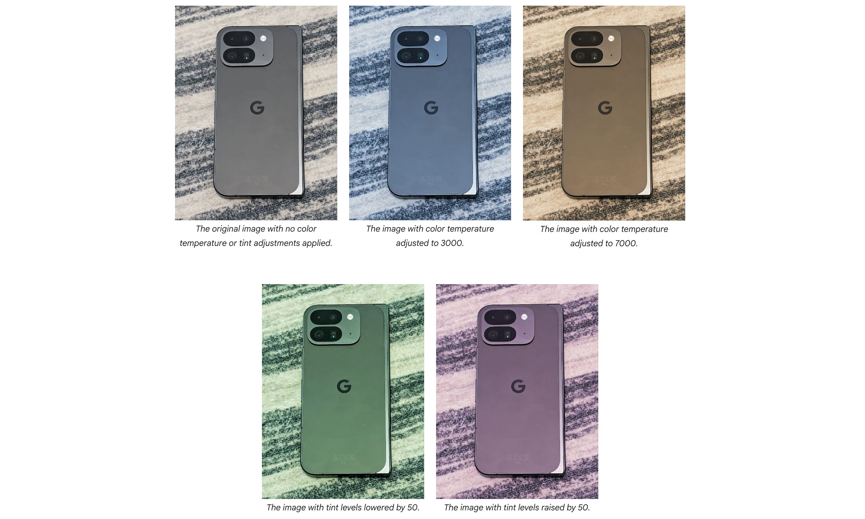 Android 16 camera settings interface showcasing advanced hue and color temperature adjustments for video, a potential upgrade for the Google Pixel 10 camera system.