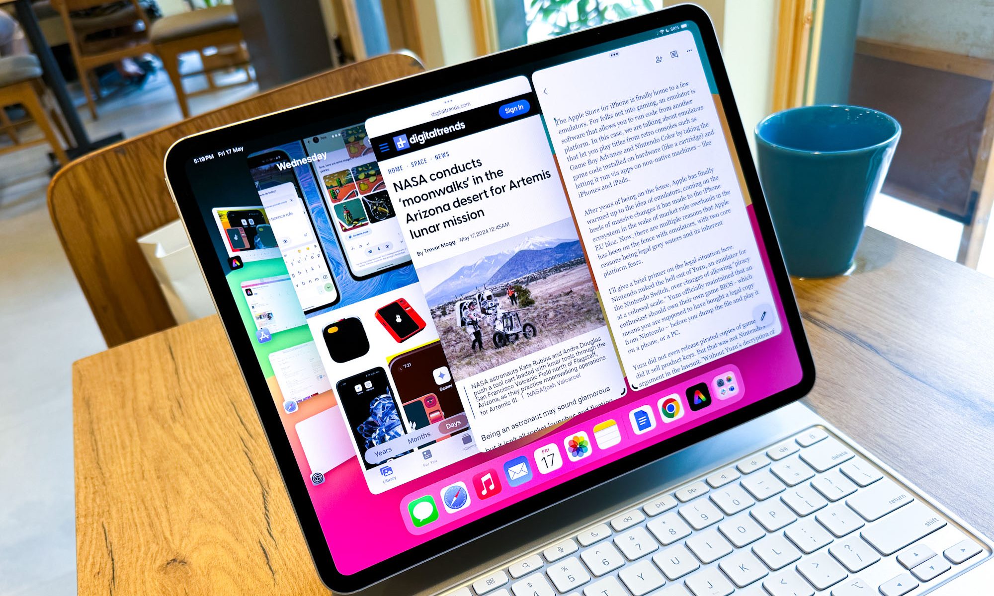 The Stage Manager multitasking interface active on an M4 iPad Pro, showcasing improved windowing capabilities.