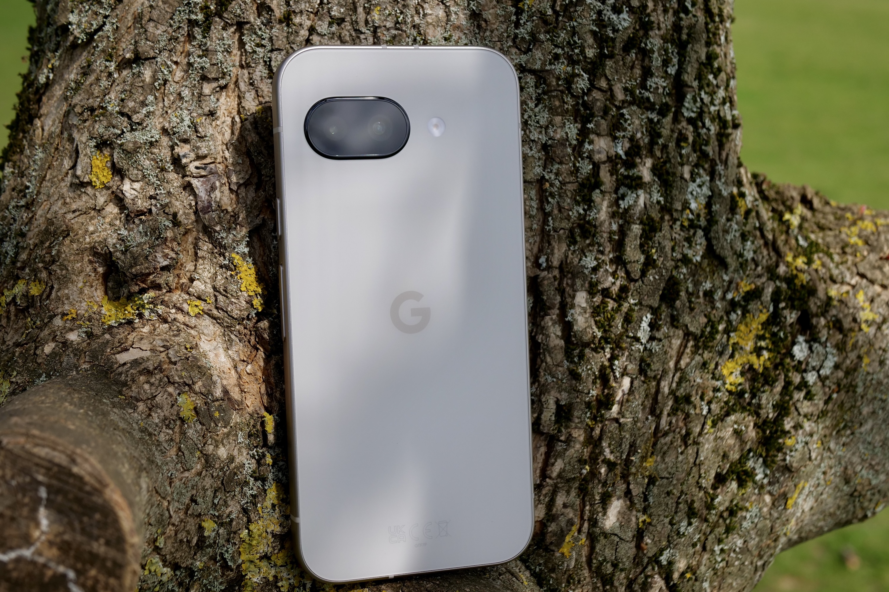 Rear view of the Google Pixel 9a showcasing its distinct camera bar and sleek design, a powerful alternative to the Motorola Razr 2025.