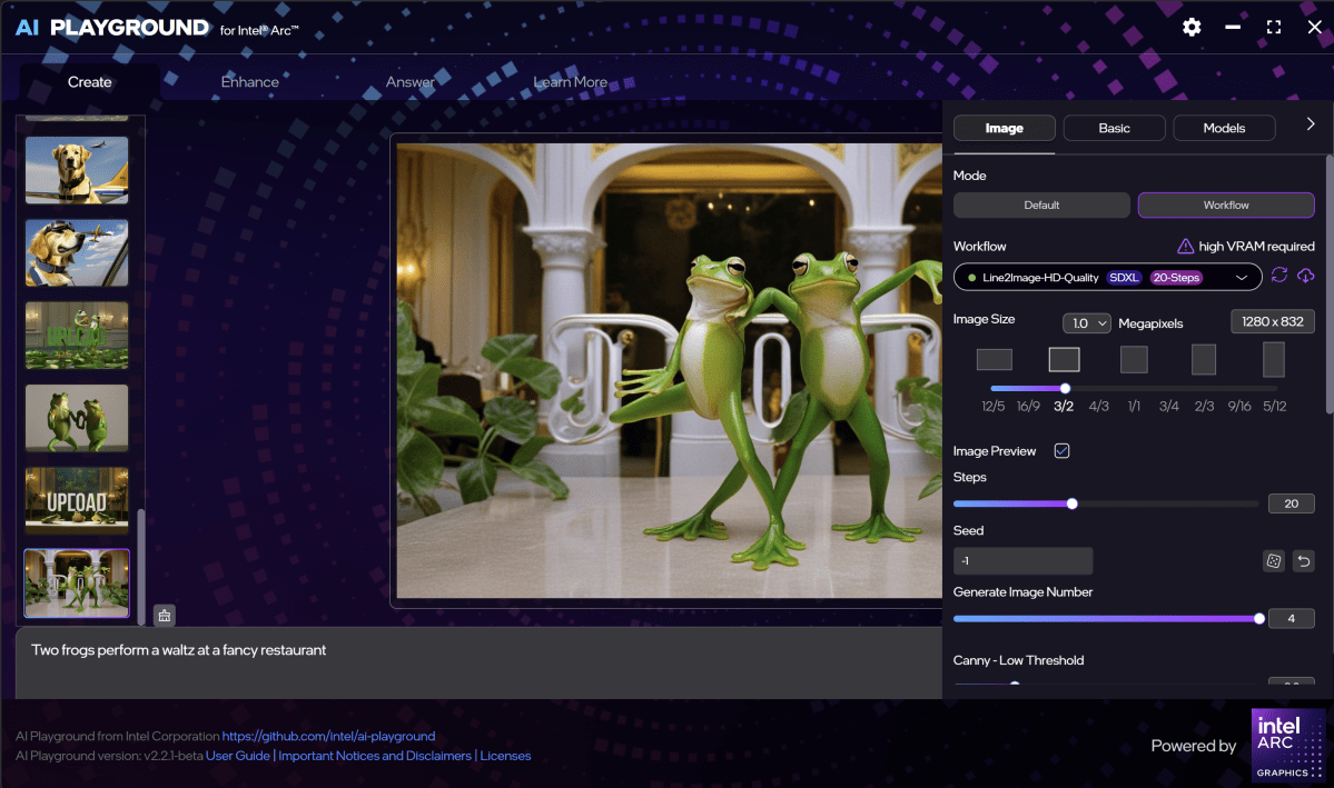 Intel AI Playground interface showcasing settings for AI art generation, contrasting with Microsoft's text-based Local AI.