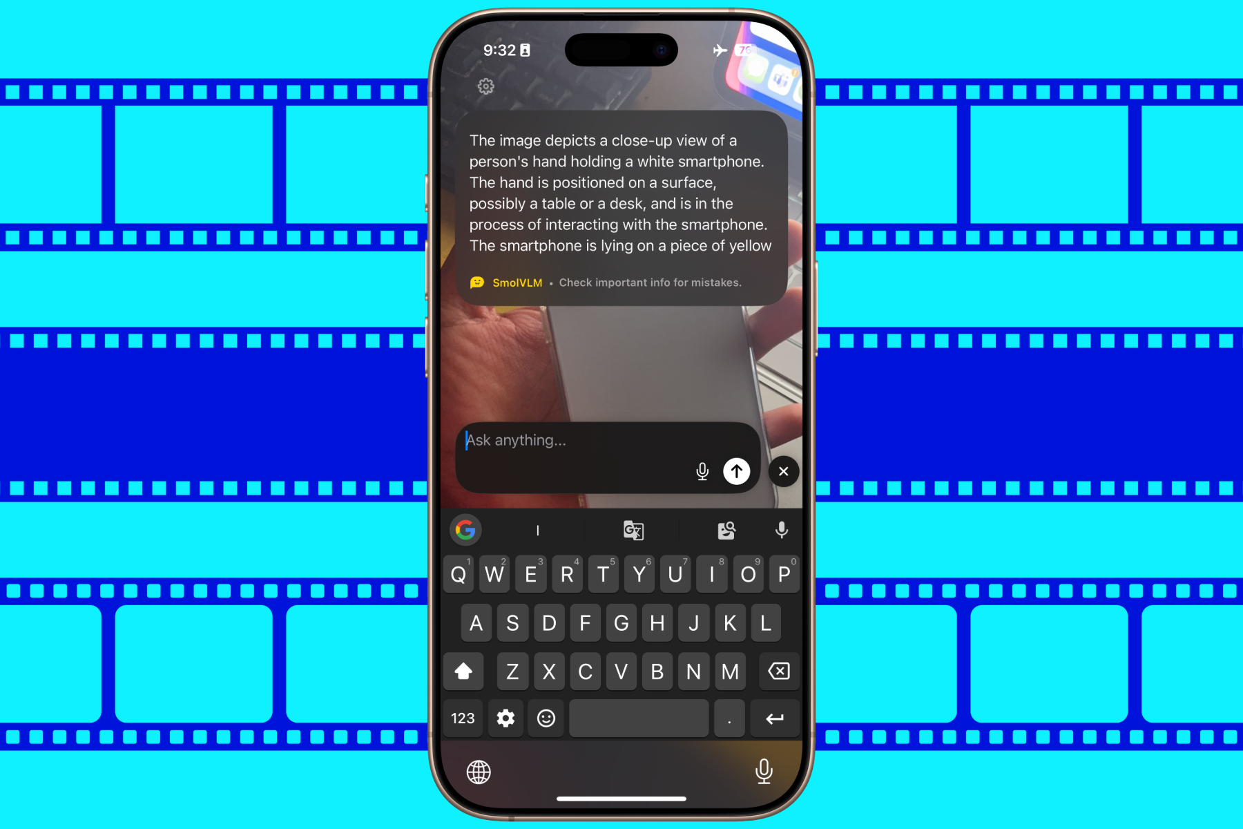 The HuggingSnap app running on an iPhone, demonstrating an AI-powered visual analysis feature.