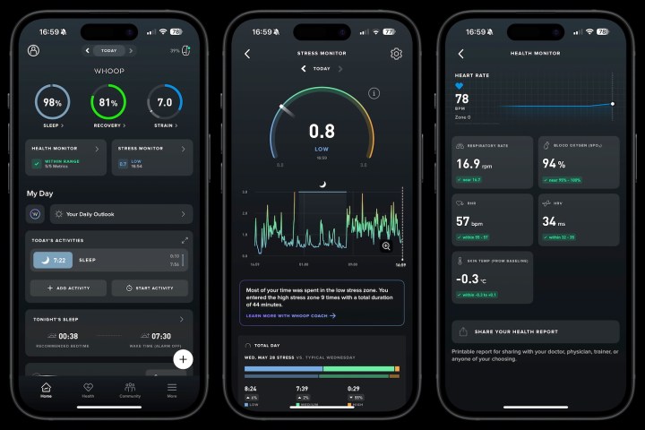 Screenshots of the Whoop 5.0 mobile app showcasing daily outlook and AI assistant features.