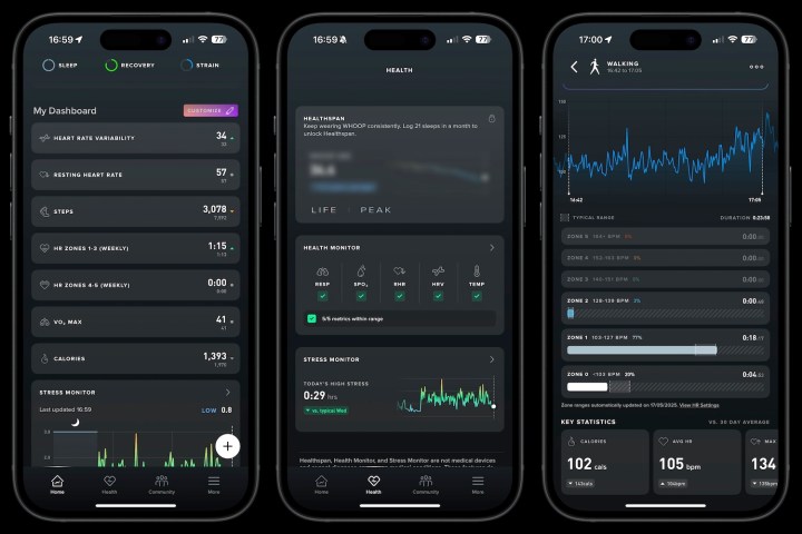 Various screens from the Whoop 5.0 app illustrating activity tracking and data visualization.