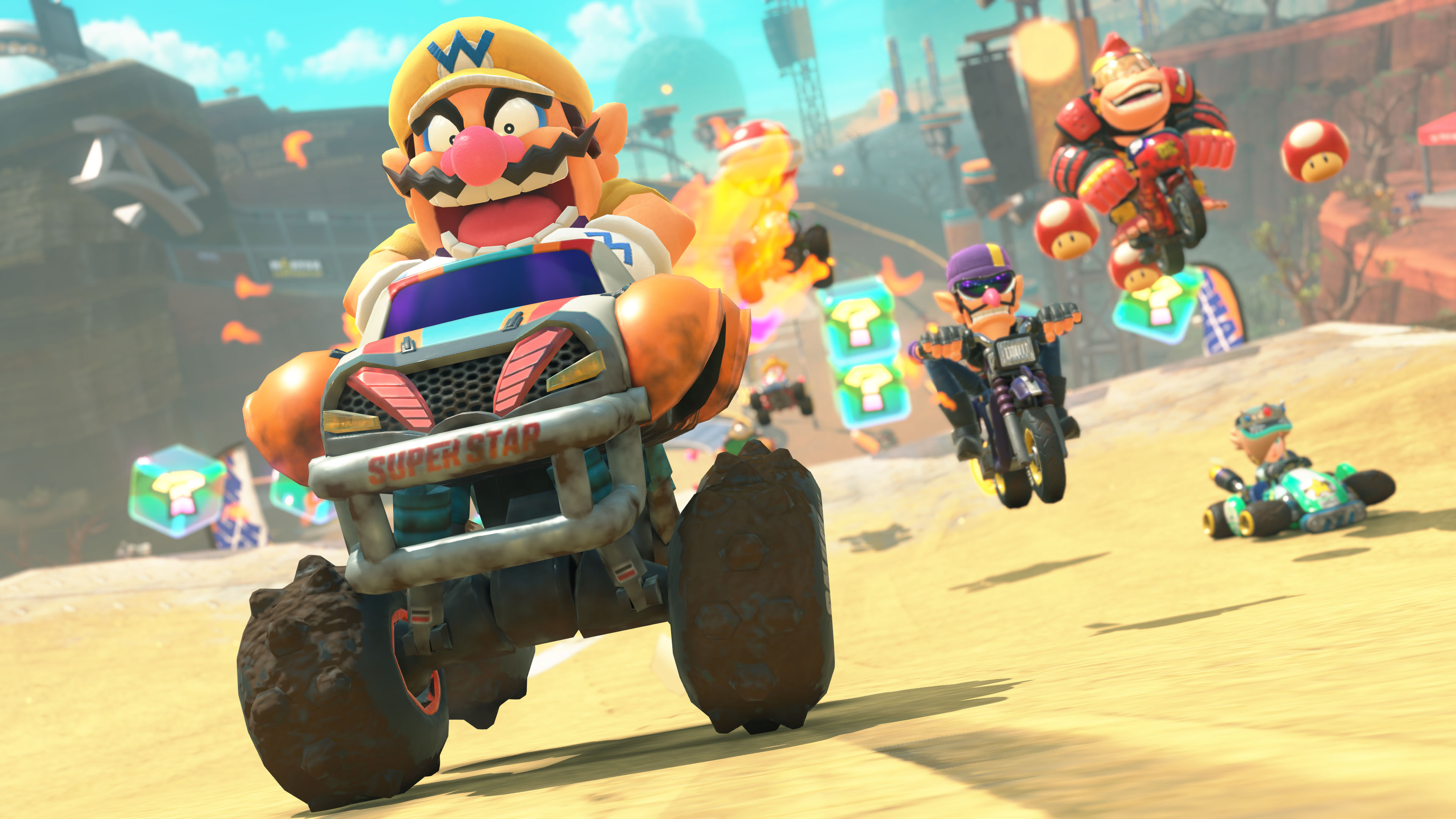 Wario navigates a dynamic returning track in Mario Kart World, battling opponents amidst familiar yet refreshed scenery.