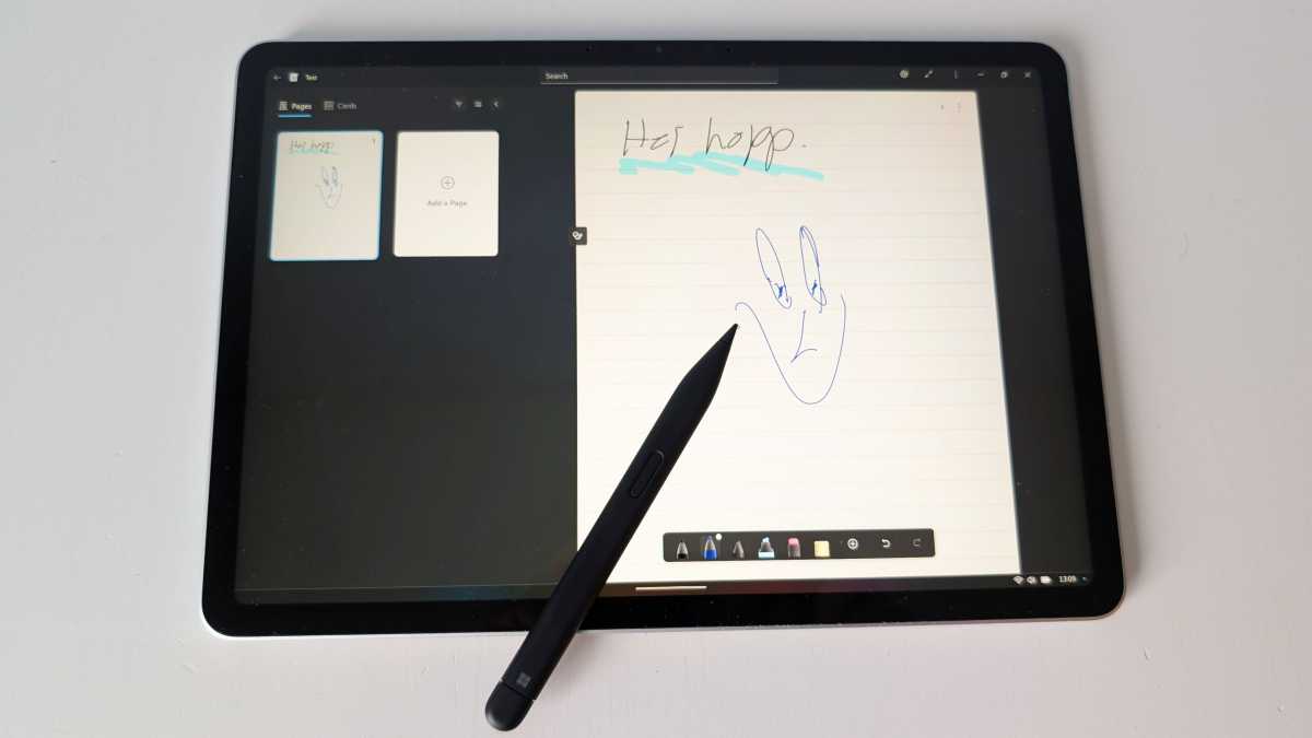 Close-up of the Microsoft Surface Pro 2025 screen with the Slim Pen, demonstrating its precise touch and pen input capabilities for creative tasks.