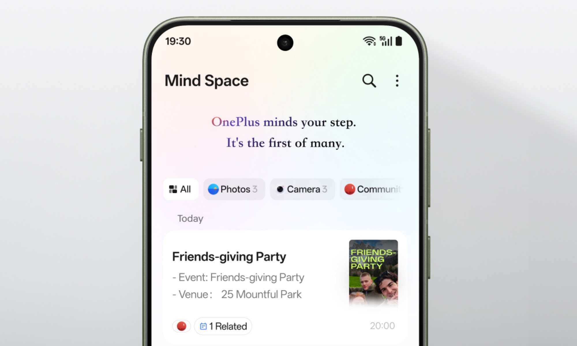 The AI Plus Mind home screen on a OnePlus 13s, illustrating how saved content is neatly organized by date and category for easy access.
