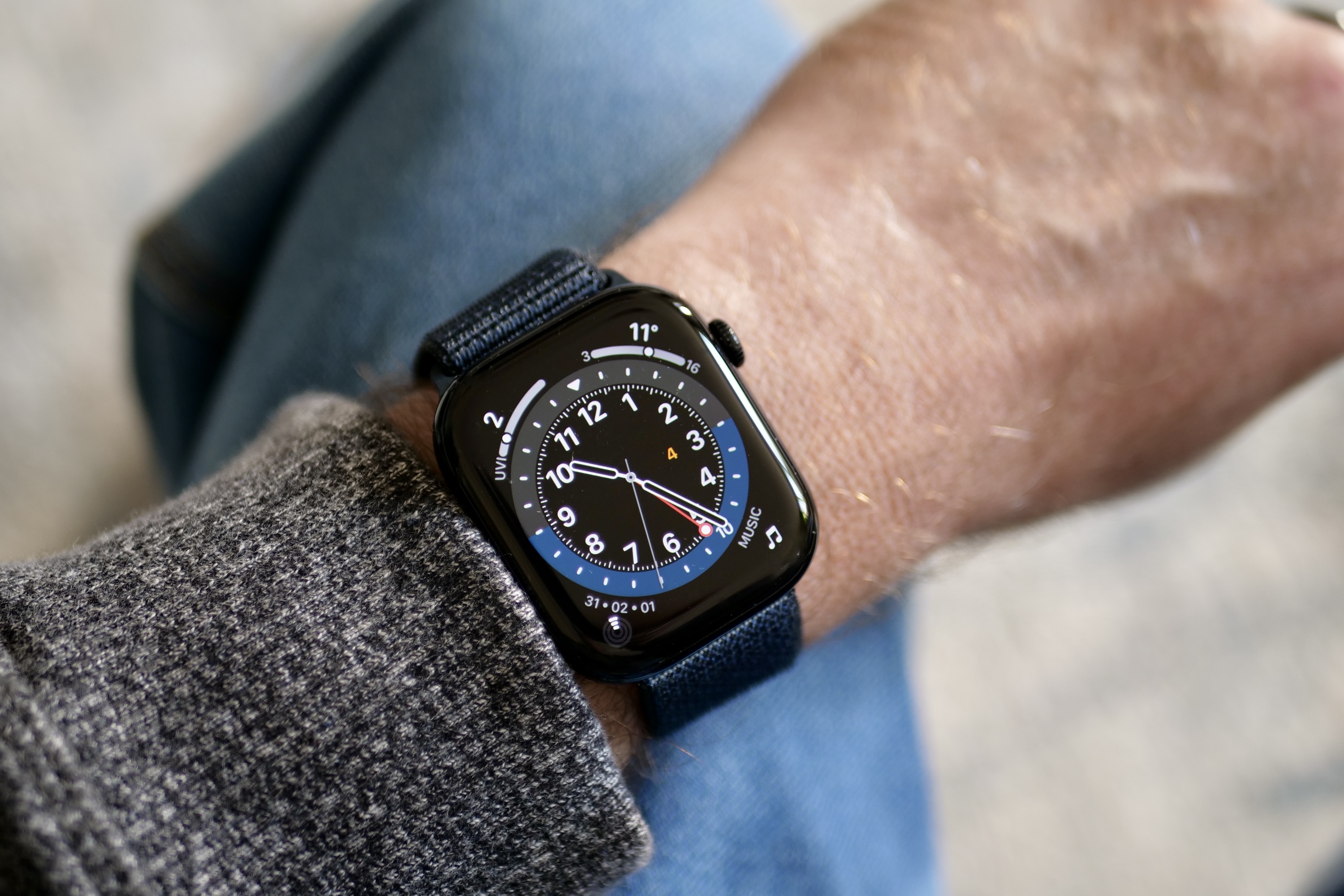 An Apple Watch Series 10 displaying its interface, worn on a wrist, representing current smartwatch technology anticipating future Apple Watch Series 11 enhancements.