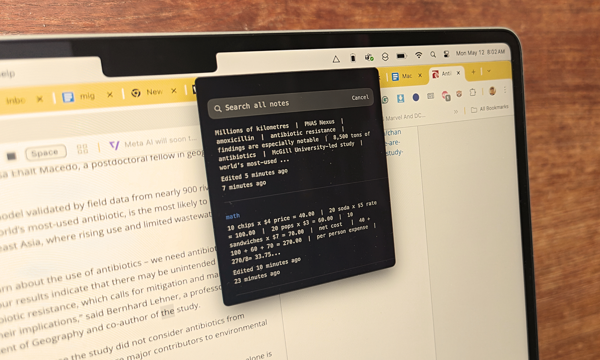 Antinote app for macOS displaying a quick scratchpad overlay for notes, a feature missing natively in the OS.