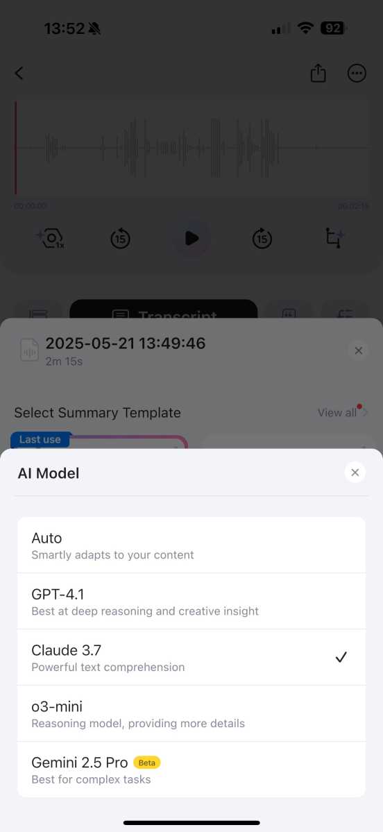 Plaud Note app interface showing options to select AI models like GPT-4 and Claude for transcription.