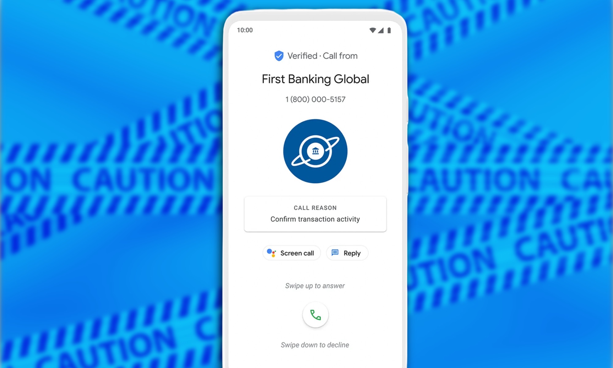 Android phone interface showing a verified call with business name and logo, enhancing caller trust and security.