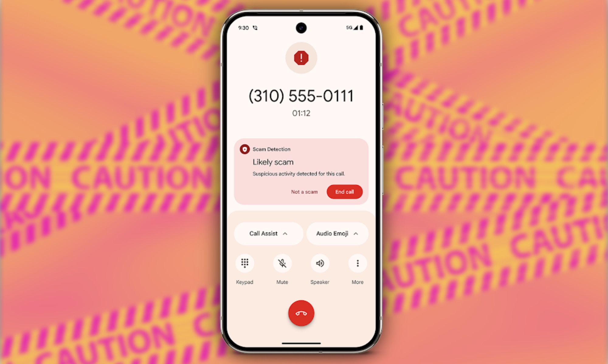 Android smartphone showcasing built-in fraud detection and warning notifications from Google Messages and Phone apps.