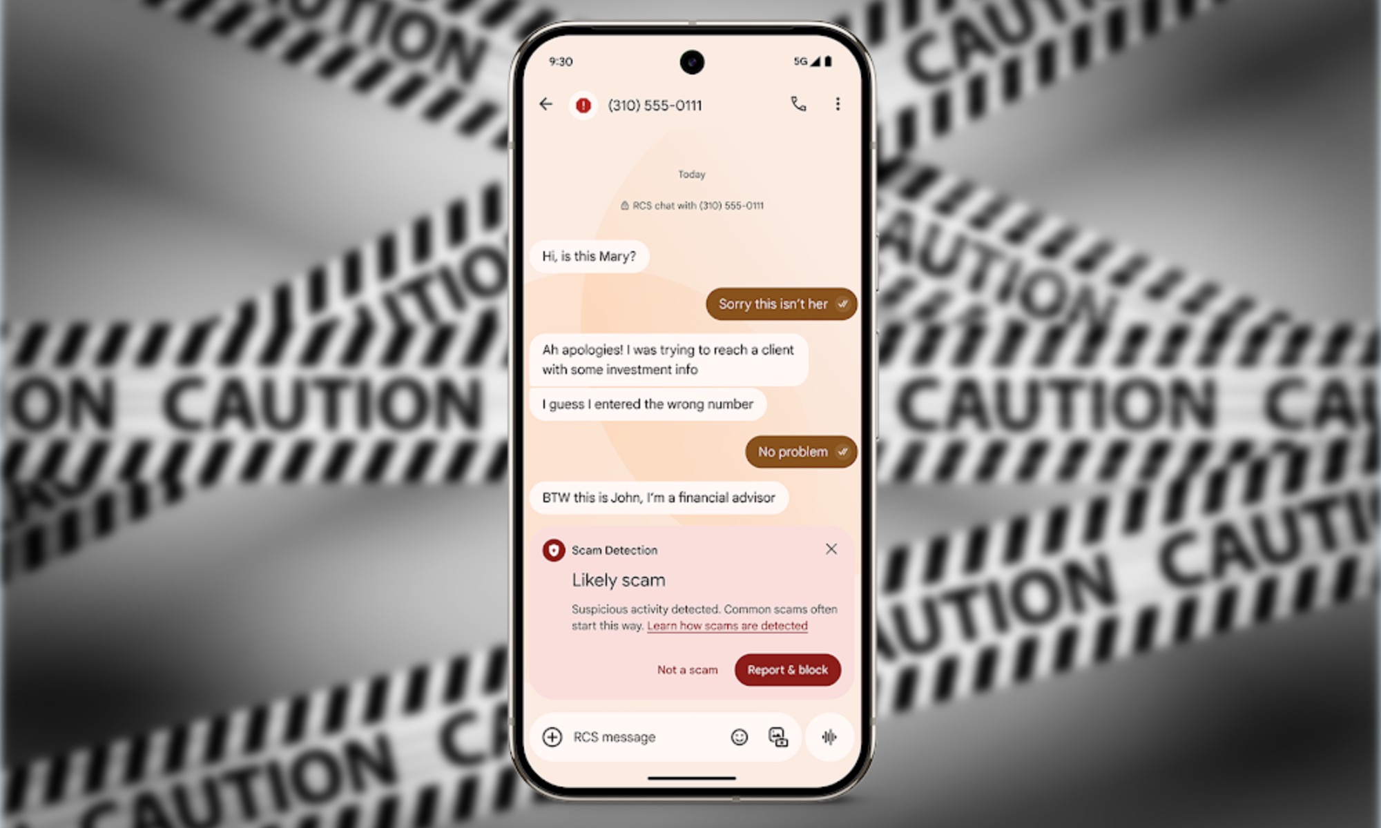 Infographic showcasing Google's integrated scam prevention features within its Phone and Messages apps on Android.