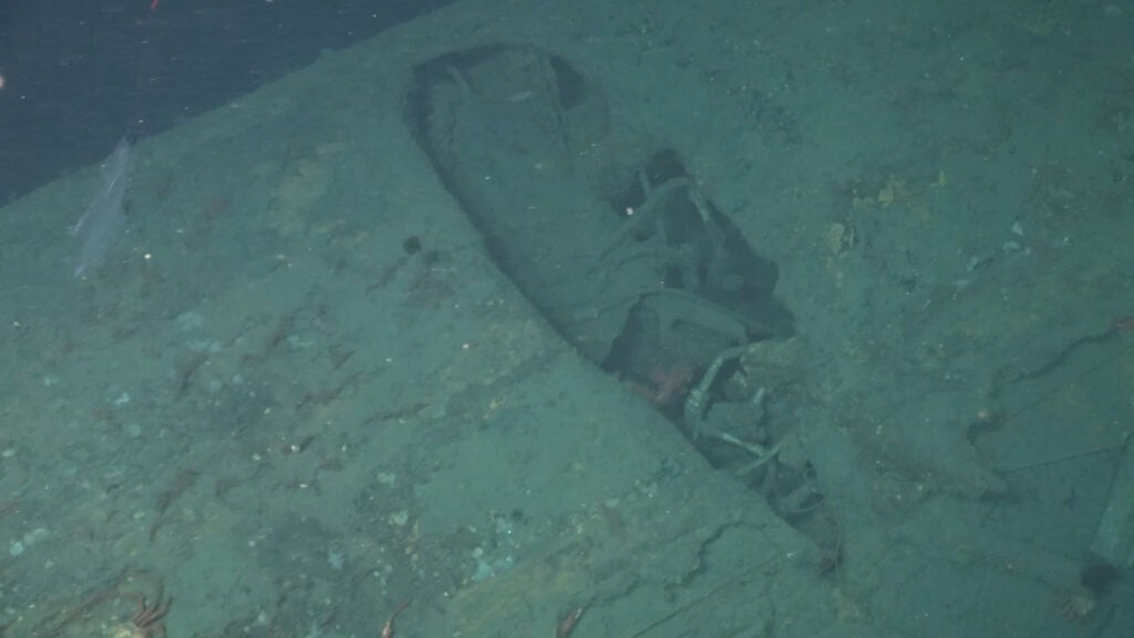 Underwater photo showing the hull damage on the USS F-1 submarine, a result of its WWI collision.