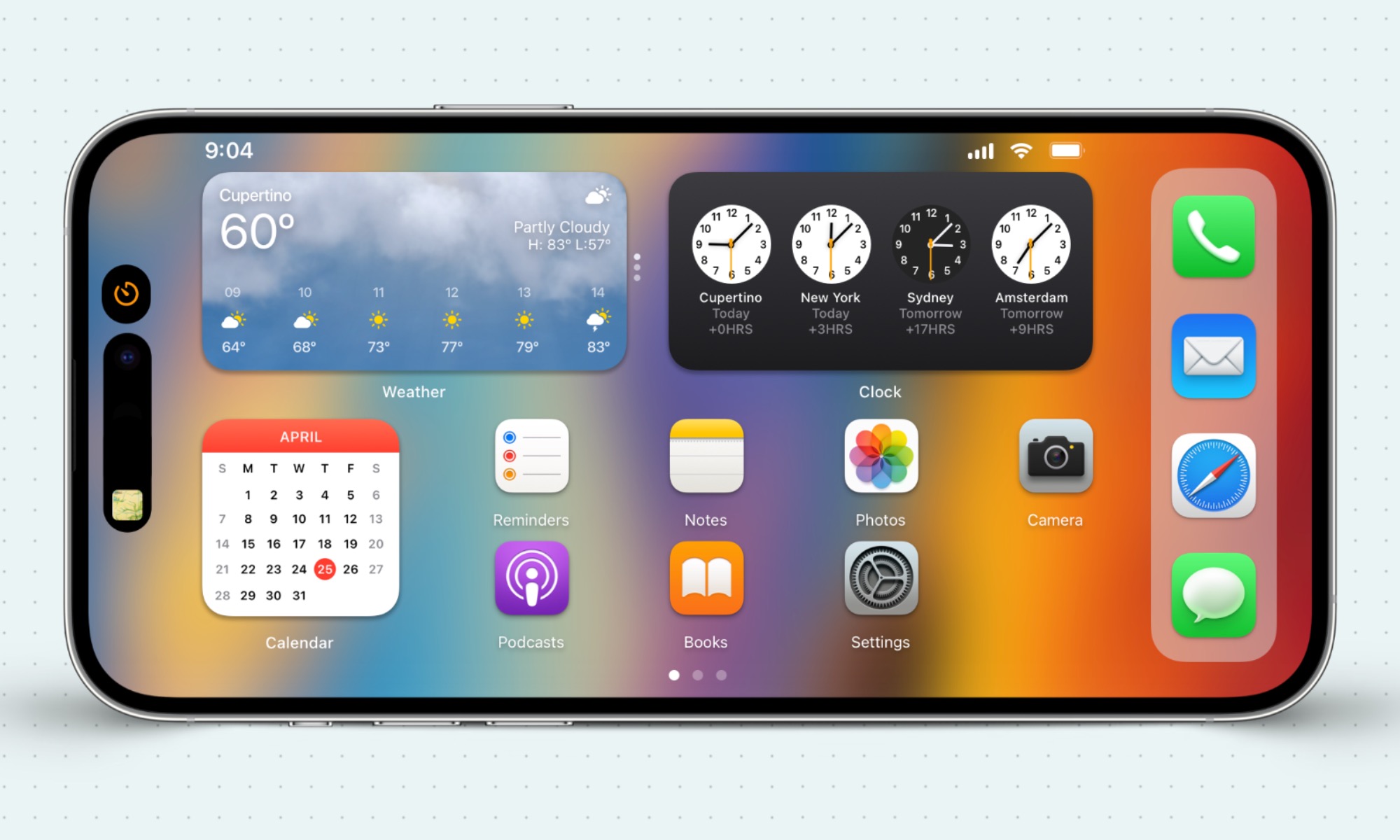 Conceptual design of a landscape home screen layout on an iPhone, demonstrating widget and app icon arrangement.