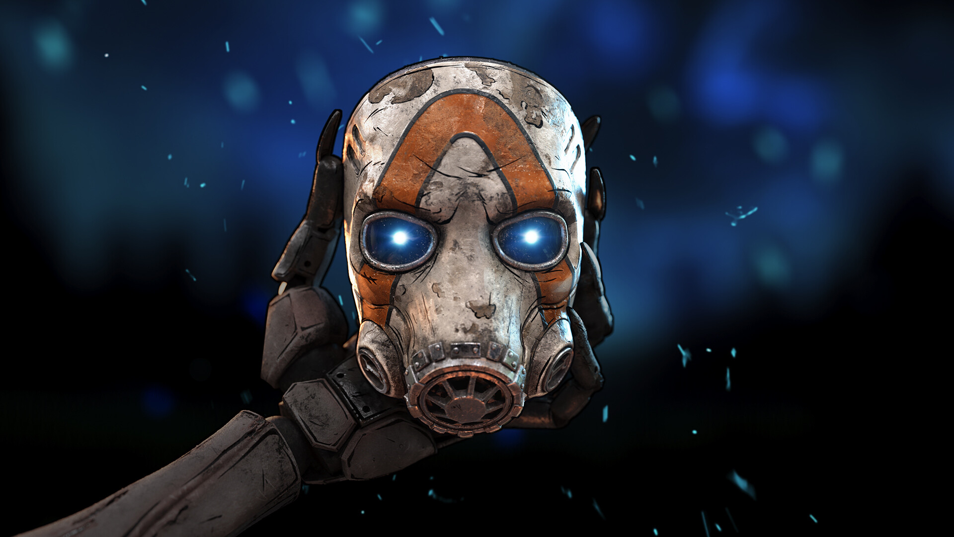 A robot hand holding a borderlands psycho mask in front of a dark blue screen.