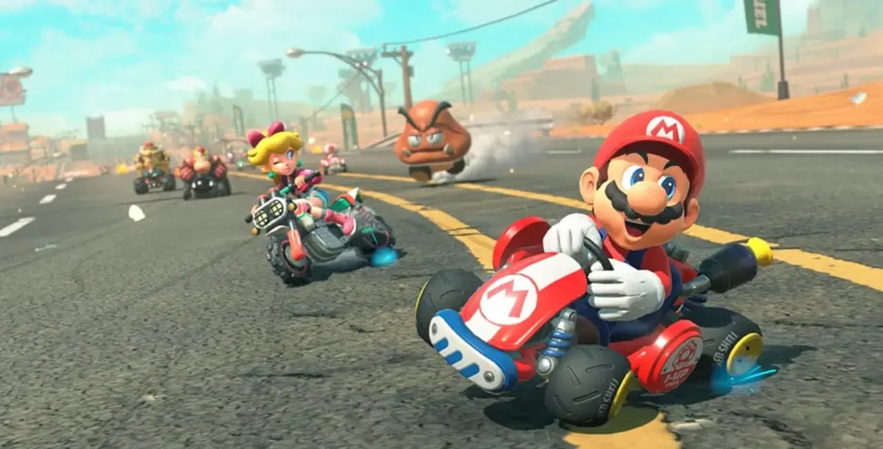Mario and Peach race on a vibrant new course in Mario Kart World, showcasing the game's exciting visuals and open-world potential.