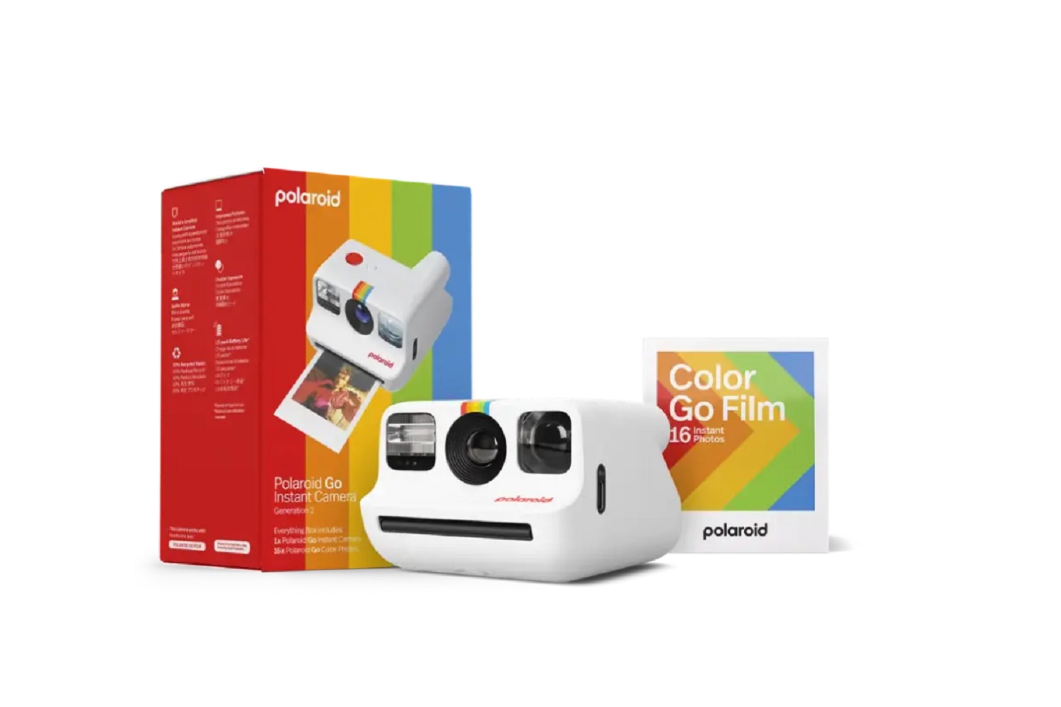 alt: The components of the Polaroid Go Gen 2 Everything Box, including the camera, film, and accessories.