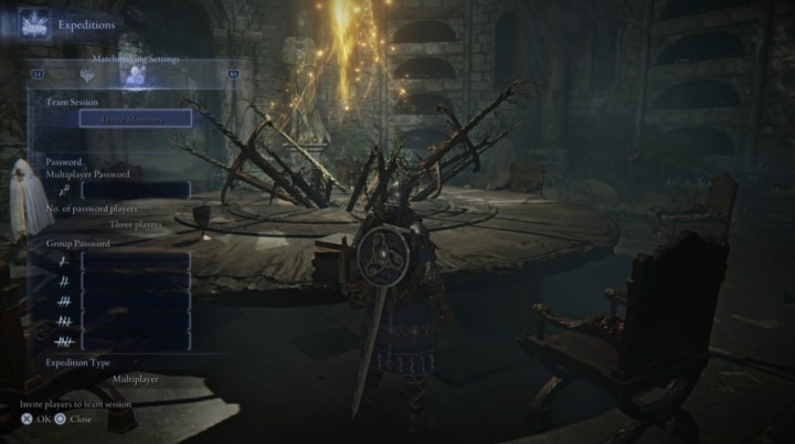 Elden Ring Nightreign matchmaking settings menu displaying options for inviting party members and setting a multiplayer password.